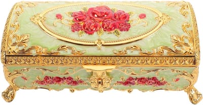Vintage Sieradendoos - Decoratieve Schatkist - Accessoires Opbergen - Verfijnde Handgemaakte Details - 24.5 cm Breed - Groen