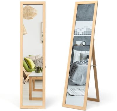 COSTWAY Staande spiegel, 155 x 37 cm grote spiegel met houten frame, houten spiegel vrijstaand, moderne wandgemonteerde vloerspiegel voor slaapkamer, woonkamer en ingang