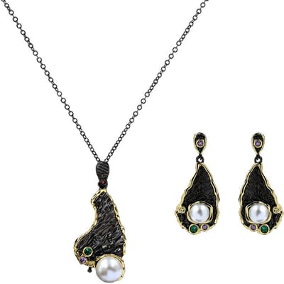 Vintage Sieradenset voor Dames Zwart Goud Zoetwaterparel Hanger Ketting Oorbellen Bruiloft Feest Sieraden Italiaanse Sieraden black