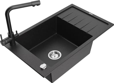 Mexen Elias granieten gootsteen 1-kompartiment met afdruiprek en keukenkraan Duero, zwart/zilver metallic - 6511-73-671600-70