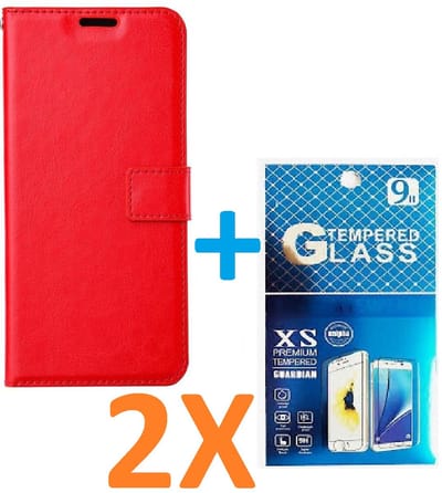 Portemonnee Book Case Hoesje + 2x Screenprotector Glas Geschikt voor: iPhone 13 Pro Max -  rood