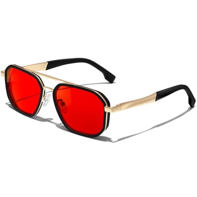 Dailygoods- Zonnebril Heren Gepolariseerd - Zonnebril Dames - Vierkante Zonnebril - UV400 - Gouden Details - Rode Lenzen - Sunglasses