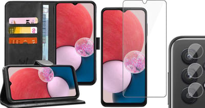 Hoesje geschikt voor Samsung Galaxy A13 4G - Book Case Kunstleer Wallet Cover Portemonnee Pasjeshouder Hoes Zwart - Tempered Glass Screenprotector - Camera Lens Protector