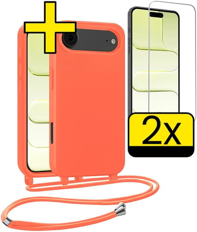 Hoesje Geschikt voor iPhone Air Hoesje Met Koord Met 2x Screenprotector Siliconen Case - Hoes Geschikt voor iPhone Air Backcover Met Afneembaar Koord - Papaya
