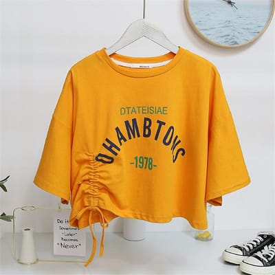Mode Bedrukt Chique Trekkoord Kort Topje Onderkant Shirt Dames Ontwerp Temperament Dames Korte Mouw T-shirt Dames XXL oranje