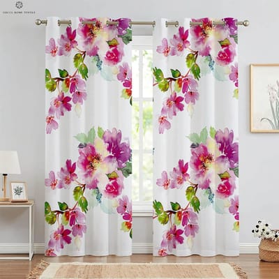 2 stuks Vintage Bloem 3D Geprinte Gordijnen Geschikt voor Slaapkamer Woonkamer Keuken Decoratieve Gordijnen Machinewasbaar W50xH130(CM)x2PCS&Grommet Top pink