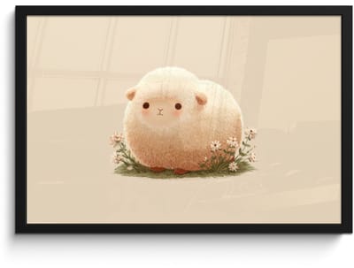 Poster in lijst - Fotolijst 60x40 cm - Posters - Schaap - Beige - Bloemen - Posterlijst zwart - Decoratie - Wanddecoratie woonkamer - Muurdecoratie slaapkamer