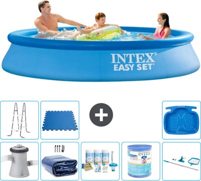 Intex Rond Opblaasbaar Easy Set Zwembad - 305 x 61 cm - Blauw - Inclusief Pomp - Solarzeil - Onderhoudspakket - Filter - Schoonmaakset - Ladder - Voetenbad - Vloertegels - 9-delig