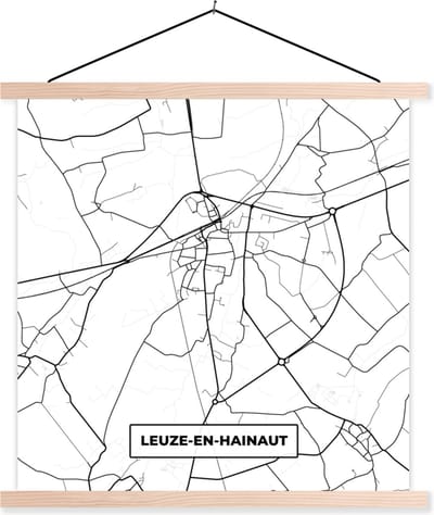 Posterhanger incl. Poster 40x40 cm - Schoolplaat - Stadskaart – Plattegrond – België – Zwart Wit – Leuze en Hainaut – Kaart - Textielposter - Blanke latten - Stadskaart