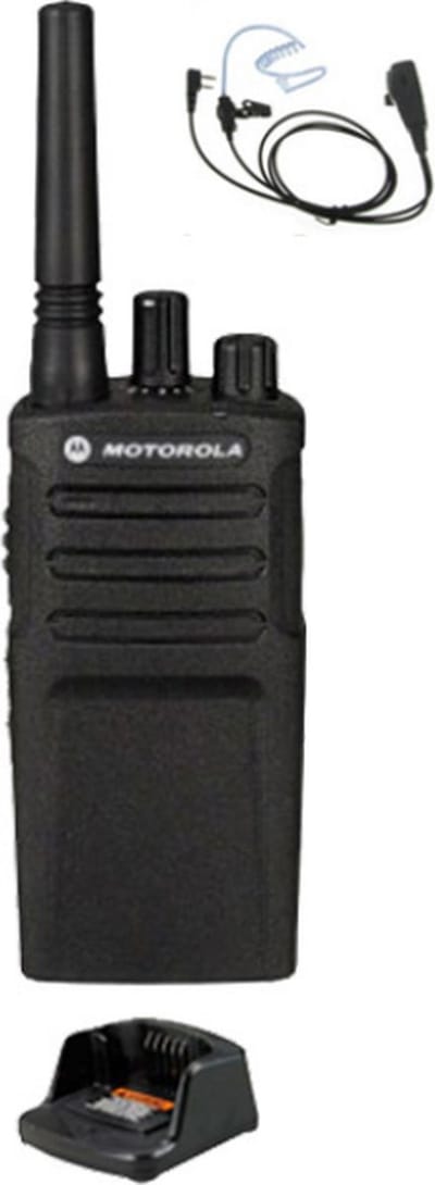 Motorola XT420 UHF IP55 PMR446 Portofoon met tafellader en beveiliging oortje M1 2-Pins