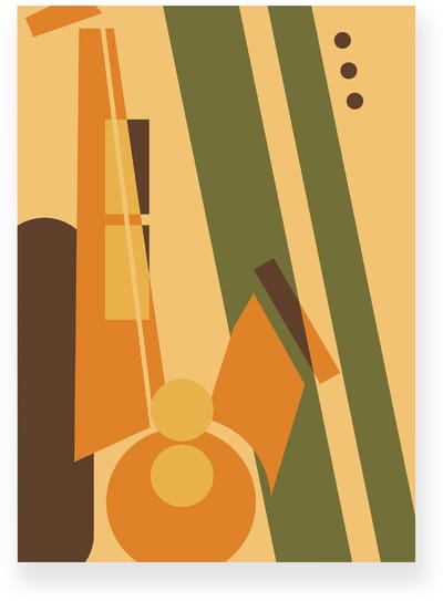 Poster 50x70 cm - Abstracte Saxofoon - Oranje - Bruin - Groen - Abstract - Vintage - Muurdecoratie - Wanddecorati