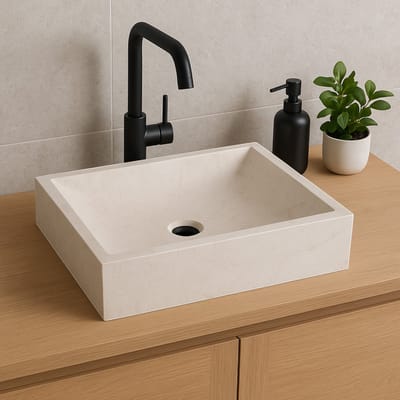 Lendo Online Wastafel rechthoekig 45x30x12 cm Marmer - natuursteen crème - wasbak voor badkamer en toilet - spoelbak - waskom - unieke vorm en kleur!