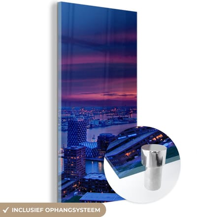 MuchoWow® Glasschilderij 20x40 cm - Schilderij acrylglas - Rotterdam - Lucht - Roze - Foto op glas - Schilderijen