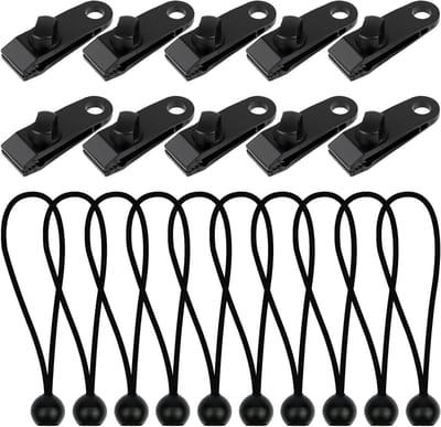 Set van 20 Tarp Clips en Bungee Koorden voor Tent en Zeilbevestiging, Ideaal voor Kamperen, Picknicken en Hiken