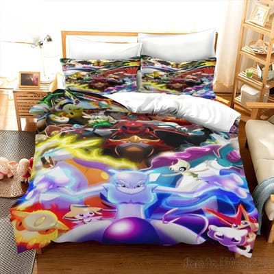 Pokemon Beddengoed Set Cartoon Anime Kinder Slaapkamer Dekbedovertrek Jongen Meisje Beddengoed Enkel Dubbel King Pikachu Dekbedovertrek Cadeau AU Single(140*210cm)3pcs