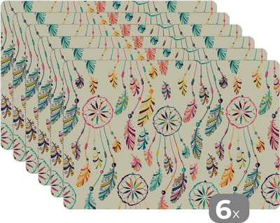 Placemat - Placemats kunststof - Dromenvanger - Regenboog - Bohemian - Meisje - Patronen - 45x30 cm - 6 stuks - Hittebestendig - Anti-Slip - Onderlegger - Afneembaar
