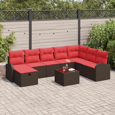 vidaXL - Bankstel - 9 - st - 8-Aantal - zitplaatsen - Bruin - en - Rood - poly - rattan