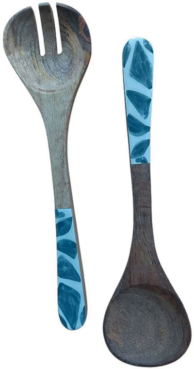 Floz Design houten slabestek met print - unieke combi hout en keramiek - slaset vork en lepel slacouvert- veilige materialen - fairtrade
