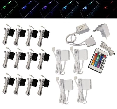 Trango Set van 12 RGB Kleur Veranderende LED Glazen Randverlichting 5022-12 incl. Afstandsbediening Kastverlichting I Glazen Vloerverlichting I Vitrine Verlichting I LED Clips I Meubelverlichting