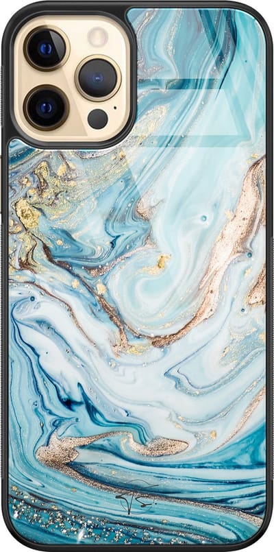 Hoesje geschikt voor iPhone 12 - Marmer blauw goud - Luxe Hard Case - Marmer - Blauw, Goud - Mooie Telefoonhoesjes