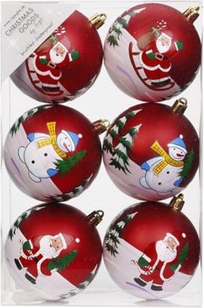 6x Rode kerstballen 8 cm kunststof met print - Onbreekbare plastic kerstballen - Kerstboomversiering rood