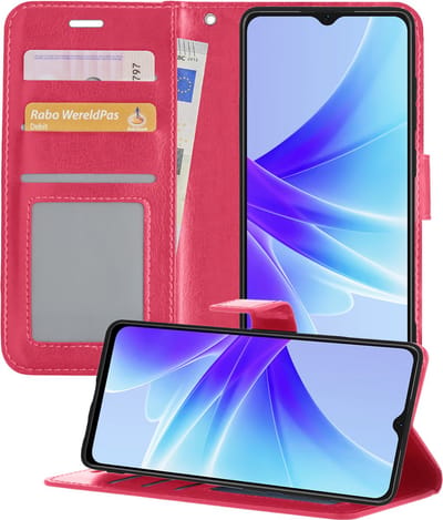 Hoesje - Geschikt voor OPPO A17 - Luxe Bookcase - Walletcase Hoes - Portemonnee - Cover - Telefoonhoes - Donkerroze