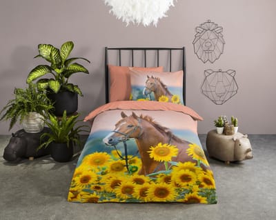 Good Morning dekbedovertrek paard met zonnebloemen - 1 persoons 140x200/220 cm - Multi - 100% Katoen renforce