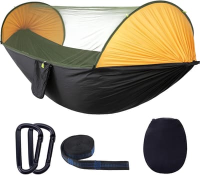 Kampeerhangmat met Net - Hangmat Schommel - Buiten Ontspannen - Automatisch Openklapbaar - 290 x 140 cm - Oranje Zwart