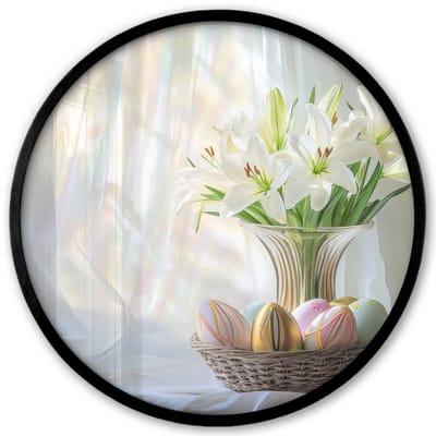 Poster in lijst Rond - Fotolijst 40x40 cm - Posters - Vaas - Eieren - Bloemen - Ronde posterlijst zwart - Decoratie - Wanddecoratie woonkamer - Muurdecoratie slaapkamer