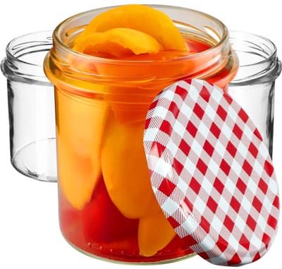 KADAX jampotten, 350 ml, diameter 82 mm, inmaakpotten met schroefdeksel, honingpotten, voorraadpotten voor paddenstoelen, jam, honing (10 stuks, rood geruit)