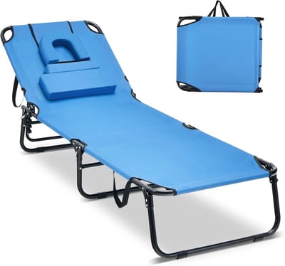 COSTWAY Zonneligstoel met gezichtsopening, inklapbare ligstoel met 3 afneembare kussens en 5-voudig verstelbare rugleuning, strandstoel, ligstoel voor tuin en zwembad, blauw