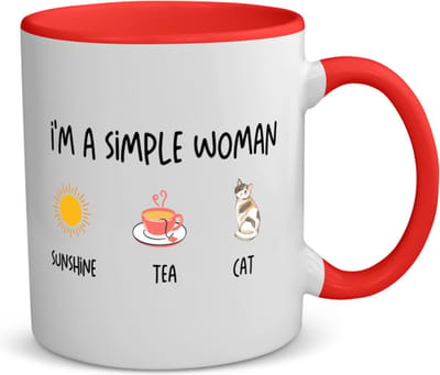 Akyol - i'm a simple woman sunshine, tea, cat koffiemok - theemok - rood - Quotes - vrouwen die simpel zijn - vrouwen - quotes - verjaardagscadeau - verjaardag - cadeau - kado - geschenk - gift - 350 ML inhoud
