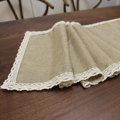 Tafellopers Kant Vintage Tafeldecoratie Huishoudelijk Grijs Khaki Kleur Natuurlijk Jute Linnen Tafelloper Met Katoenen Kanten Rand 30x180cm kaki