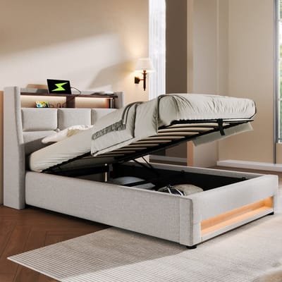 DESMIU Gestoffeerd Bed 90x200 cm – Met USB En LED – Opklapbare Lattenbodem Met Opbergruimte – Voor Jeugdkamer – Linnen – Beige – Zonder Matras