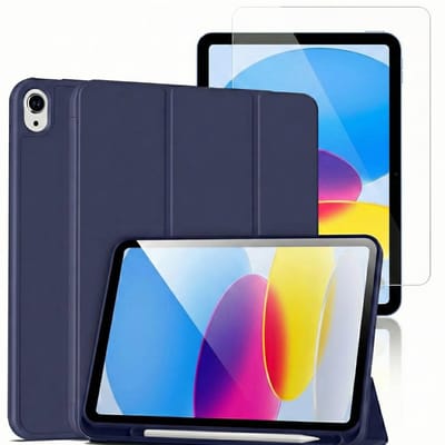 Hoes en Glas Geschikt voor Apple iPad 2025 (A16) & 2022 10e Gen - Donker Blauw - Casemania Smart Cover met Pencil Houder Uitsparing & Glazen Screenprotector