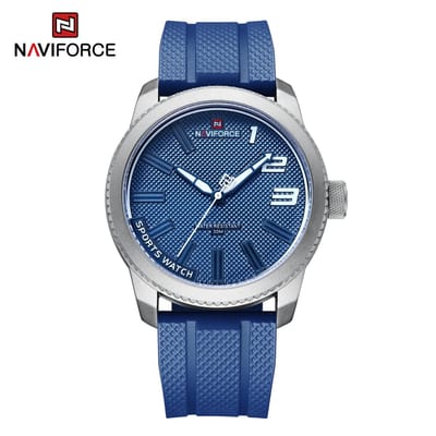 NAVIFORCE horloge voor mannen, met blauwe TPU polsband, mat zilveren uurwerkkast, blauwe wijzerplaat met witte wijzers ( model 9202T SWBE ), verpakt in mooie geschenkdoos
