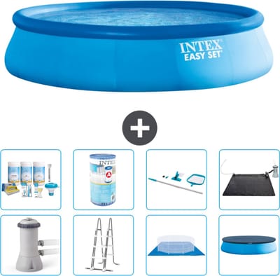 Intex Rond Opblaasbaar Easy Set Zwembad - 457 x 107 cm - Blauw - Inclusief Pomp - Ladder - Grondzeil - Afdekzeil Onderhoudspakket - Filter - Schoonmaakset - Solar Mat