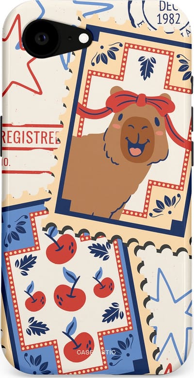Casetastic hoesje geschikt voor Apple iPhone 16e / Apple iPhone 17e - MagSafe - Dubbellaagse bescherming - Kerst Capibara Post van de Noordpool - Fashion Case - Lichtgrijs Zand Terracotta