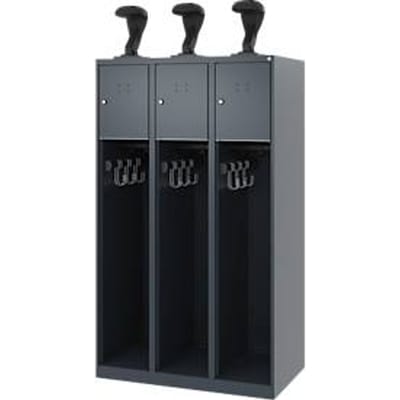 Brandweerkluis C+P Evolo Youngster, 3 vakken, met helmhouder, vloerglijders, B 900 x D 500 x H 1530 mm, RAL 7016 antracietgrijs