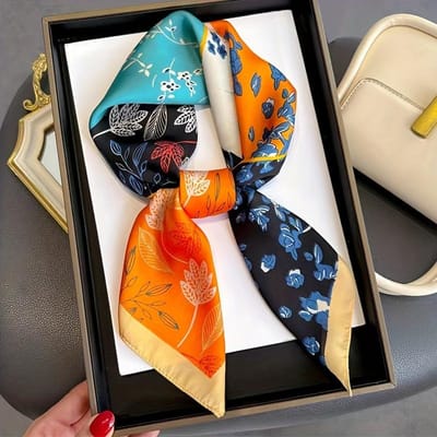 Carré de Soie Imprimé Floral de Luxe pour Femmes Doux Satin Mouchoir Bandeau Foulard Tête Hijab Dame Bandeau Foulard Ruban de Sac One Size orange