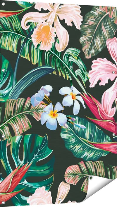 Gards Tuinposter Getekende Tropische Bloemen - Abstract - 80x120 cm - Tuindoek - Tuindecoratie - Wanddecoratie buiten - Tuinschilderij