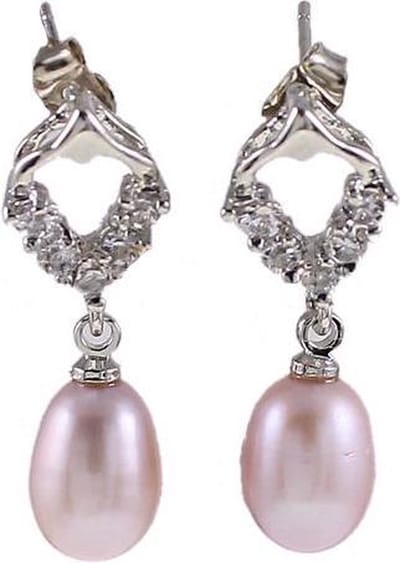 Zoetwater parel oorbellen Bling Pearl Heart P - oorstekers - echte parels - roze - stras steentjes - sieraden zakje - parel oorbellen dames - parel oorknopjes