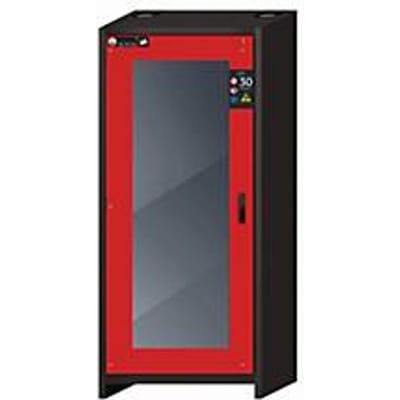 Veiligheidskast type 30 asecos Q-DISPLAY-30, scharnierende deur met glasuitsparing, links scharnier, voorzijde in verkeersrood, B 864 x D 620 x H 1947 mm