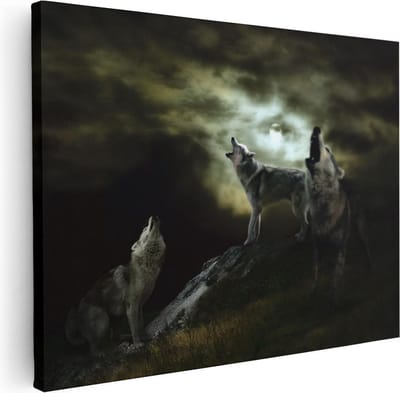 Artaza Canvas Schilderij Wolf - 80x60 cm - Wanddecoratie Wolven - Muurdecoratie Volle Maan - Schilderijen Op Canvas Dieren
