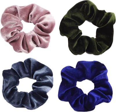 Scrunchie kraagjeskopen.nl - velvet haarwokkel haarelastiek oudroze donkergroen blauwgrijs blauw - 4 stuks - scrunchies