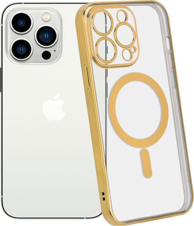 ShieldCase telefoonhoesje geschikt voor Apple iPhone 14 Pro hoesje transparant Magneet metal coating - goud - Backcover case doorzichtig - Shockproof hoesje - Met oplaad ring