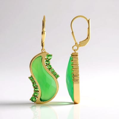 Cavill - Verguld 925 Zilver Oorbellen - Groene Chalcedoon 12,6 ct - Tsavoriet 1,07 ct - Luxe Golvend Design, Comfortabele Klapsluiting