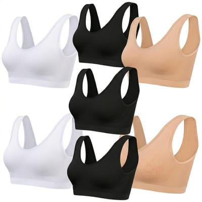 Zwart wit beige sport beha dames – naadloze sport bh set – elastische comfort sport bh zonder sluiting – ademende lichte ondersteuning – dunne sport top met brede schouderbanden – set van 7 – maat M