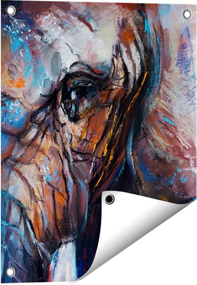 Gards Tuinposter Getekende Olifant van Dichtbij - Abstract - 40x50 cm - Tuindoek - Tuindecoratie - Wanddecoratie buiten - Tuinschilderij