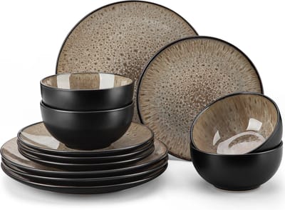 Vancasso Serviesset Bruin/Zwart 12 stuks - Chique Serviesset - Tafelgerei set - 4 personen - Elegante serviesset met kom - Bruin/Zwart